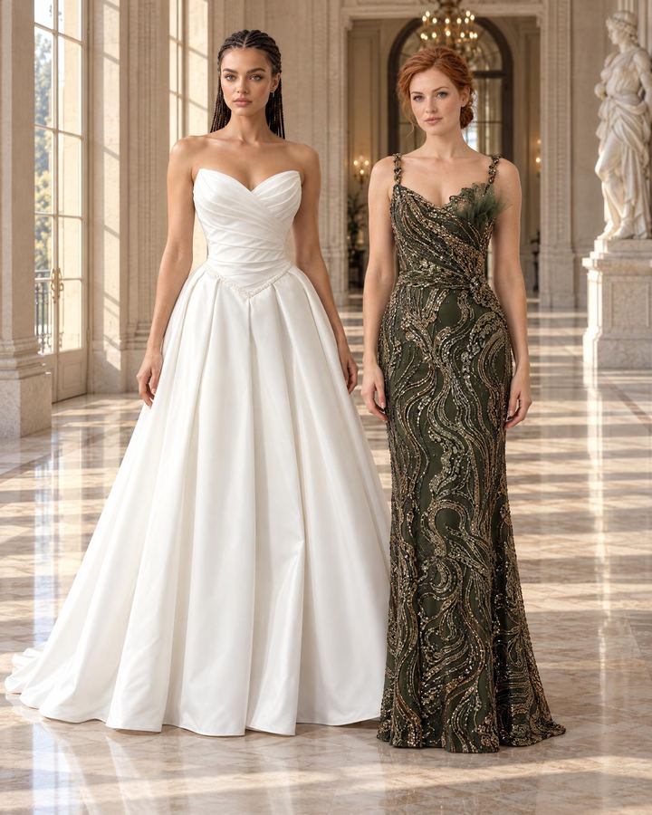 Relactive Bridal 2103 gelinlik ve 2051 abiye. Ürün gerçektir; manken ve mekân yapay zekâ ile oluşturulmuştur.